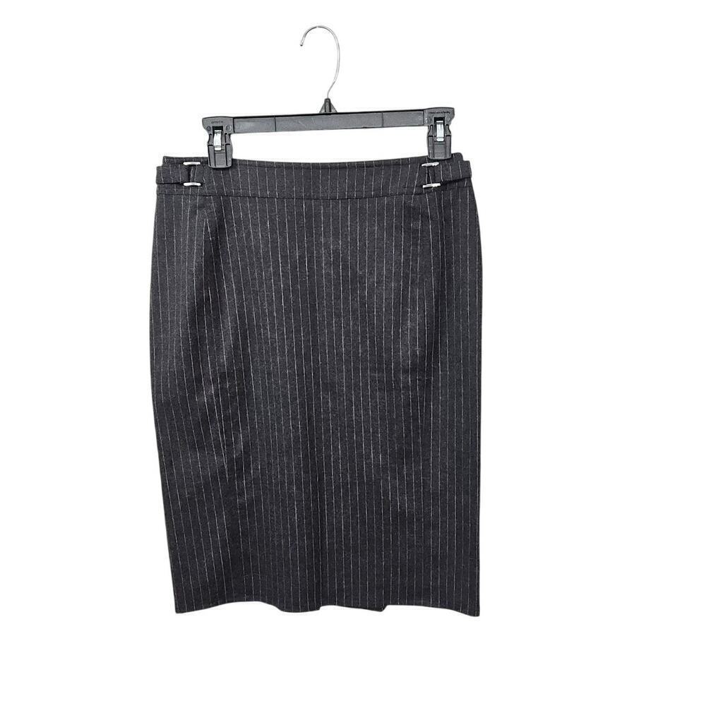 Philippe Adec Wool Midi Grey Striped Pencil Skirt Attached Belt Size 4 Small